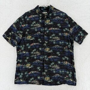 Batik Bay Shirt Mens XL Black Hawaiian Tropical Palm Tree Rayon Button Hawaiian